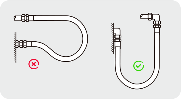 Cuando el radio de flexión es demasiado pequeño, es aconsejable usar una junta de ángulo recto para evitar curvas afiladas en la manguera.